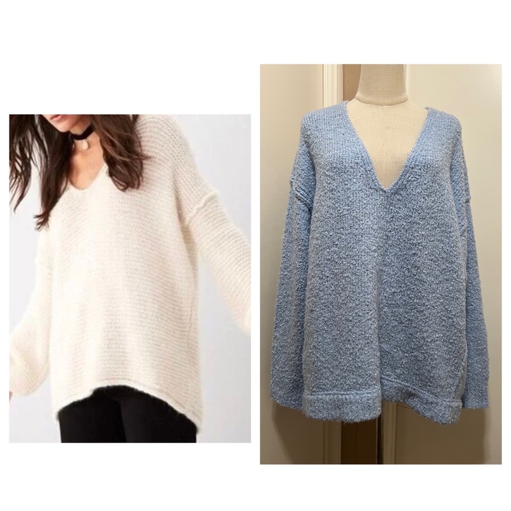 Free People Sz M Light Blue All Mine Fuzzy Knit Alpaca Blend V-Neck Sweater.